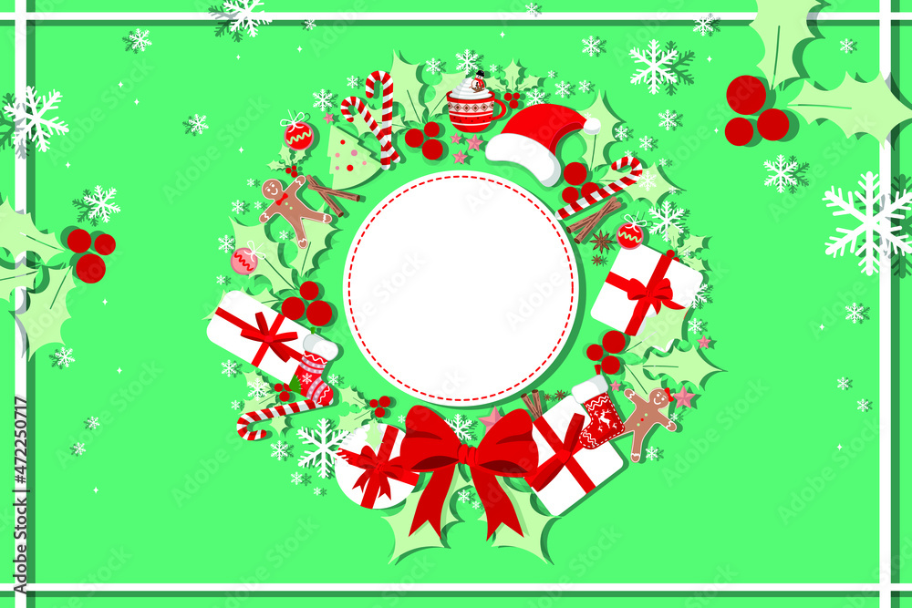 Holiday Christmas Card. Creative Vector Design of Christmas and New Year Greeting Card Christmas Wreath Decorations Holiday Celebration Flat Design Card with New Year and Christmas Element Decorations Holiday Christmas Card. Creative Vector Design of Christmas and New Year Greeting Card Christmas Wreath Decorations Holiday Celebration Flat Design Card with New Year and Christmas Element Decorations