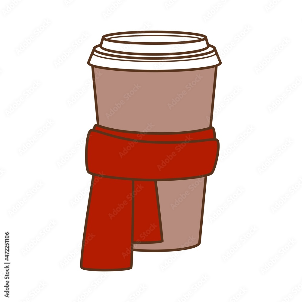 Paper cup for coffee in a scarf. Coffee to go for the winter menu. Vector illustration isolated on white background Paper cup for coffee in a scarf. Coffee to go for the winter menu. Vector illustration isolated on white background