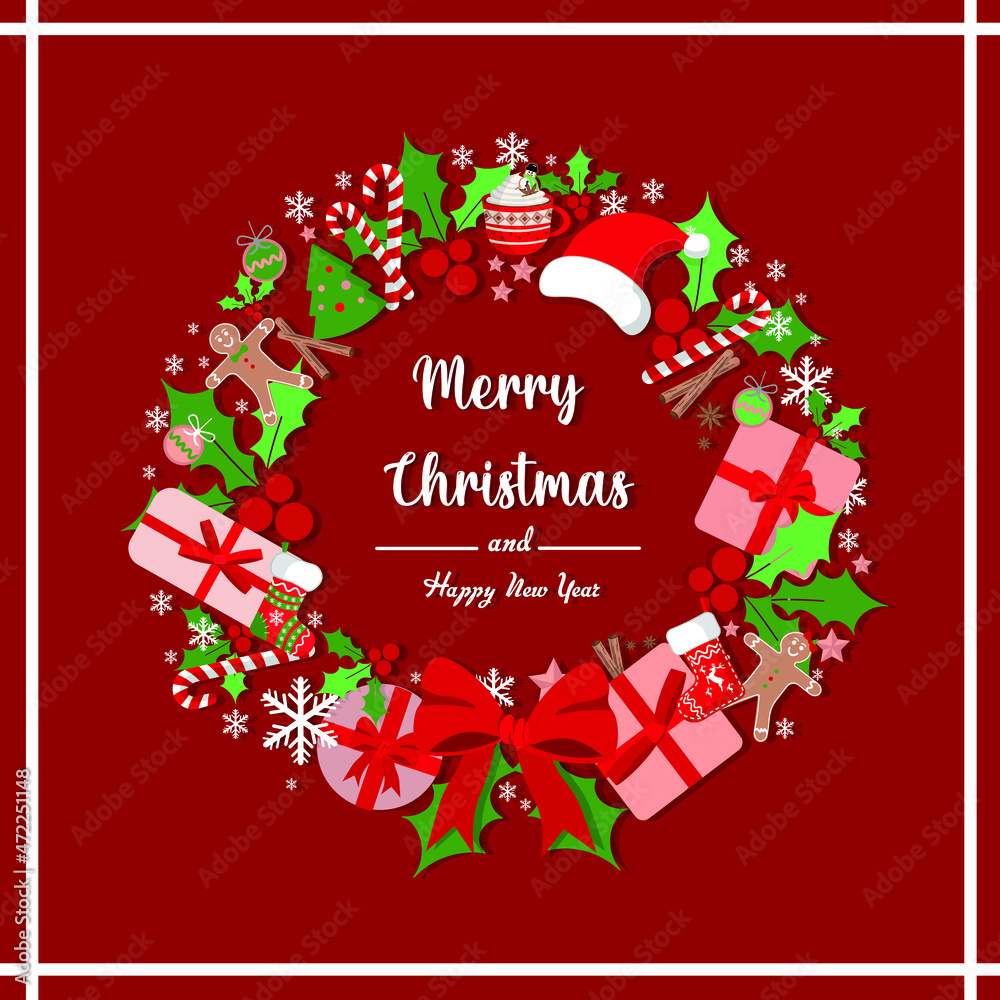 Decorative Vector Flat Design Christmas Wreath Card design Template Isolated on White Background New Year Wreath with Christmas decorations. Holiday entrance, door, shops and markets decoration. Decorative Vector Flat Design Christmas Wreath Card design Template Isolated on White Background New Year Wreath with Christmas decorations. Holiday entrance, door, shops and markets decoration.