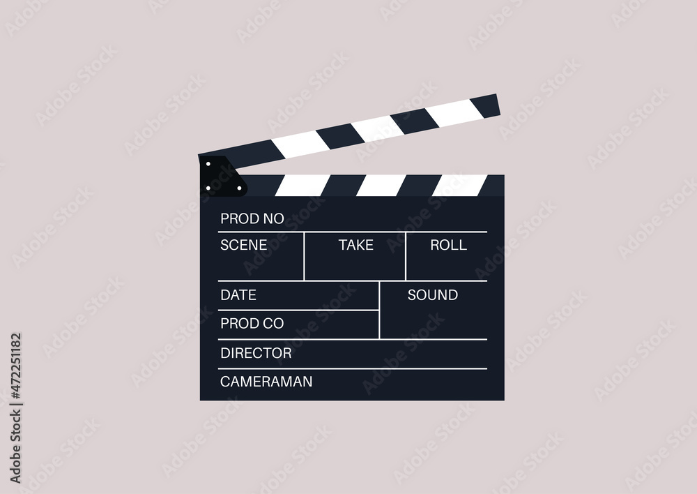 An isolated image of a clapperboard, a device used in filmmaking and video production to assist in synchronizing picture and sound