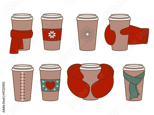 Collection of a paper cups for coffee. Coffee to go for the winter menu. Vector illustration isolated on white background