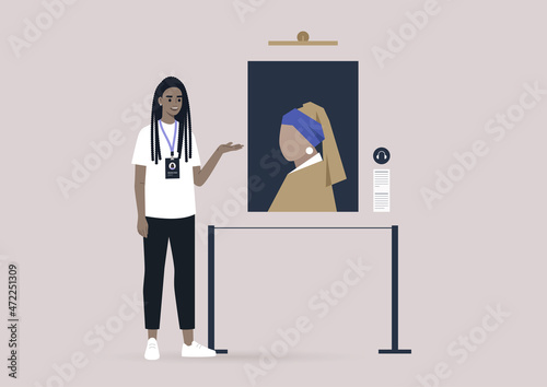 An art gallery guide showing visitors a classic painting during the sightseeing tour