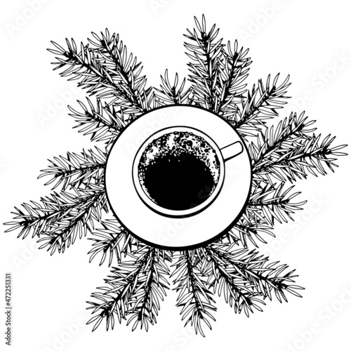 Coffee cup and forest pine branches. Black and white and drawn vector illustration.