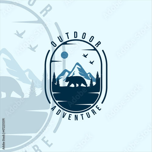 mountain and bear logo vintage vector illustration template icon graphic design. outdoor adventure symbol with retro badge and typography