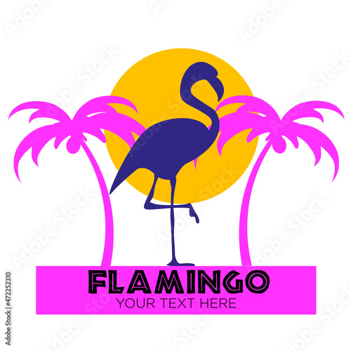 Flamingo logo in blue with pink palm trees and a sunset sun with customizable text box