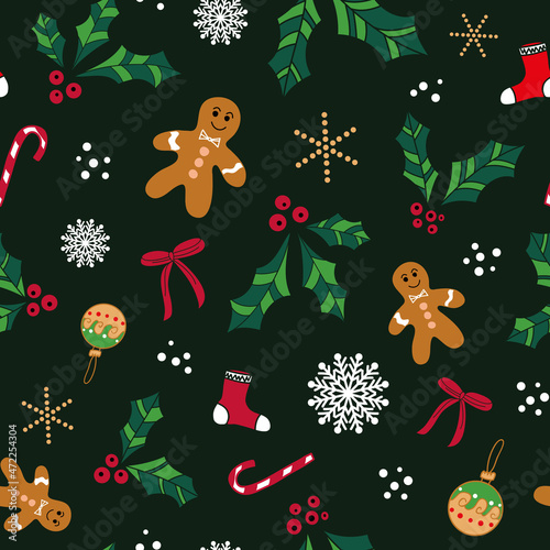 vector green happy christmas gingerbread allover seamless pattern background