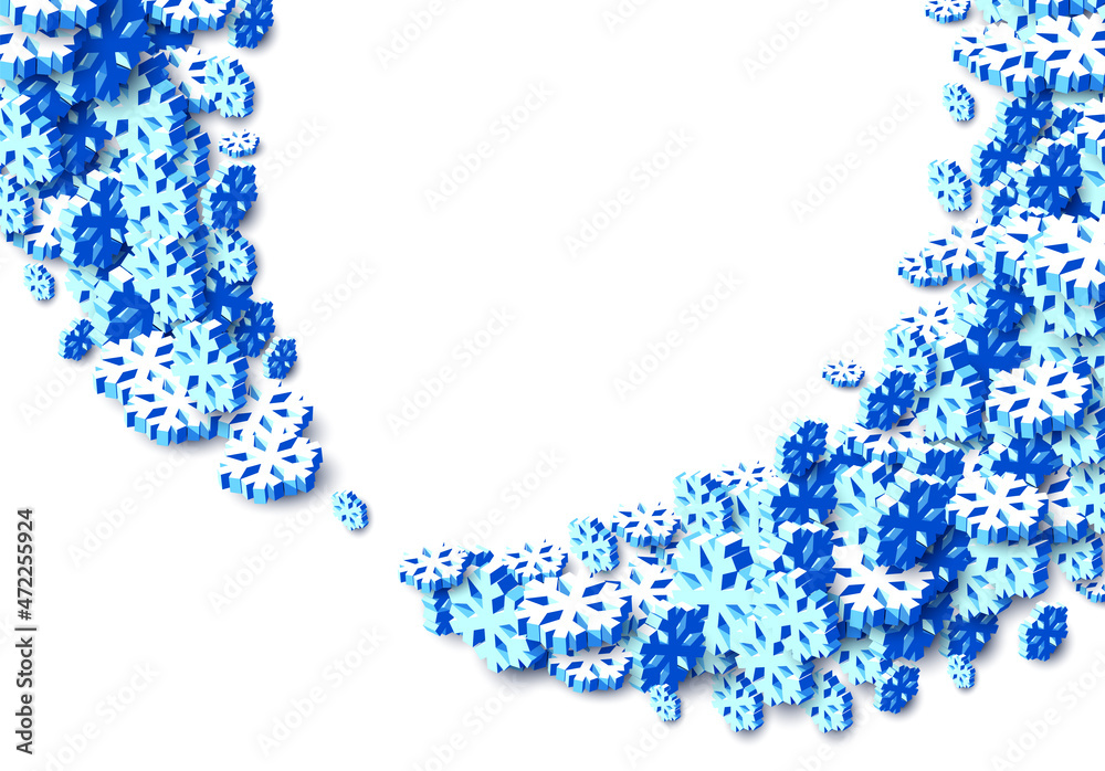 Winter background with snowstorm and sprayed snowflakes for New Years Eve holidays or abstract Christmas greeting card. 3D isometric vector Xmas snowflake shapes. Winter background with snowstorm and sprayed snowflakes for New Years Eve holidays or abstract Christmas greeting card. 3D isometric vector Xmas snowflake shapes.