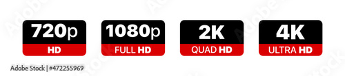 Video size resolution icon set. 720p, 1080p, 2k and 4k hd sign. High definition. Vector EPS 10. Isolated on white background