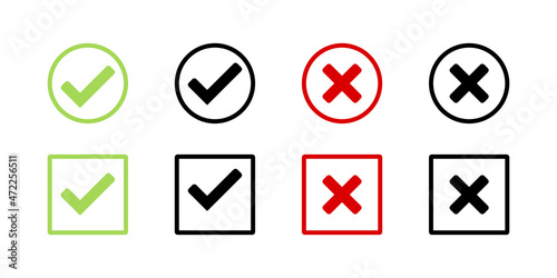 Check and cross mark icon set. Right and wrong, yes and no sign. Vector EPS 10. Isolated on white background