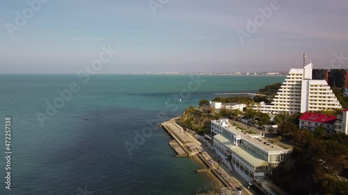 The resort of the Black Sea coast city of Anapa, Russia. Flight over the embankment. Top view. 4k drone video