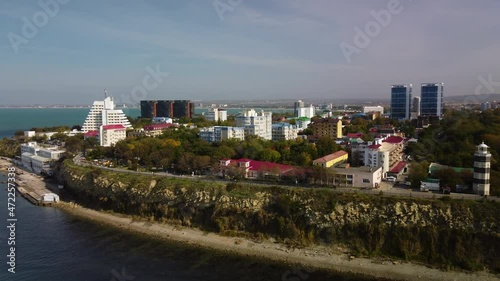 The resort of the Black Sea coast city of Anapa, Russia. A place of summer vacation. Residential areas on the Black Sea coast. Top view 4k drone video