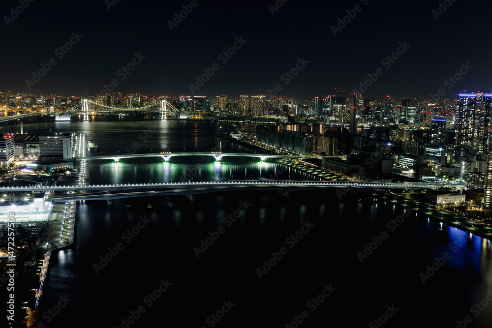 Night view of Rainbow bridge famous spot of Tokyo