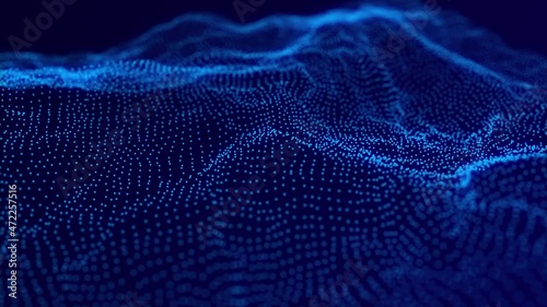 Digital technology background. Abstract dynamic wave of connected dots and lines on dark background. Wave of bright particles. Big data. 4K illustration. 3d rendering.