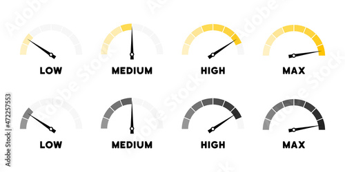 Speedometer icon set. Low, medium, high and max speed. Vector EPS 10. Isolated on white background photo