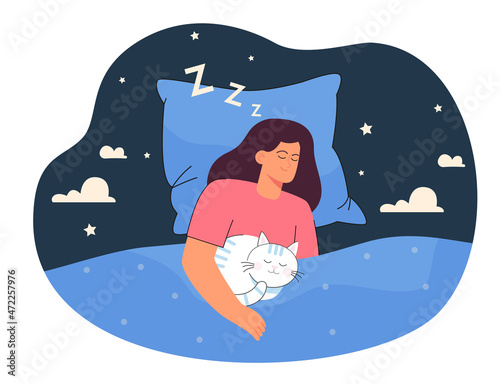 Sweet dream and rest of young woman and cat. Girl and cute pet sleeping in comfortable bed, lying under cozy duvet, top view flat vector illustration. Deep sleep at night, relax, bedtime concept