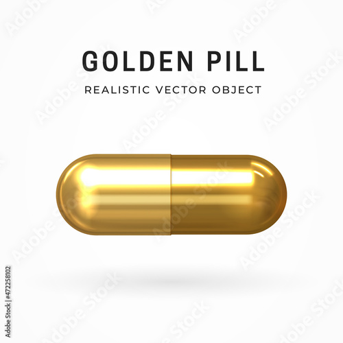 Golden pill. Realistic 3d design. Isolated pharmaceutical drug. Medications design. Healthcare and medicine, health and beauty concept