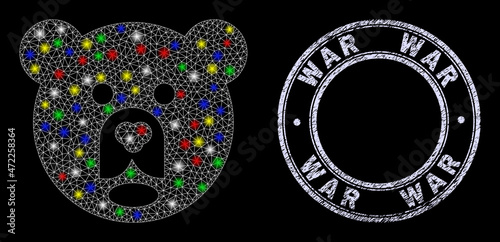 Glossy polygonal mesh web bear head icon with glow effect on a black background, and War unclean seal. Illuminated vector structure created from bear head icon,
