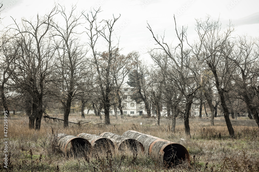 View of an abandoned park with old rusty iron pipes.