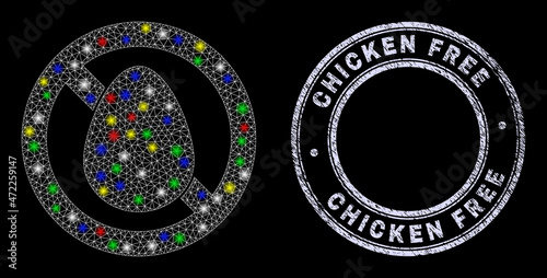 Glossy polygonal mesh web stop egg icon with glow effect on a black background, and Chicken Free textured stamp seal. Illuminated vector mesh created from stop egg pictogram,