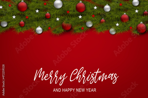 Christmas tree branch decoration with glass balls and small stars on red background. Holiday season greeting card. Typography text. Realistic vector illustration.