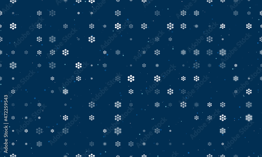 Seamless background pattern of evenly spaced white hive symbols of different sizes and opacity. Vector illustration on dark blue background with stars Seamless background pattern of evenly spaced white hive symbols of different sizes and opacity. Vector illustration on dark blue background with stars