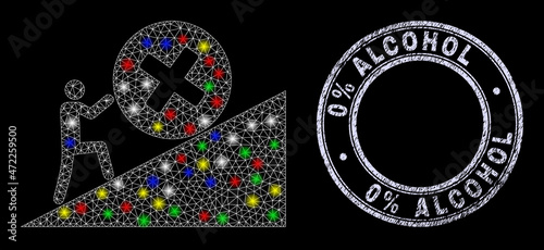 Glossy polygonal mesh net man rolling rejection up icon with glitter effect on a black background, and 0% Alcohol corroded seal. Illuminated vector mesh created from man rolling rejection up symbol,