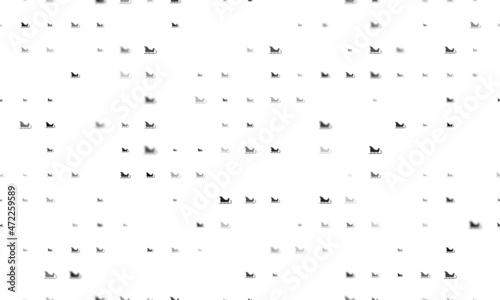 Seamless background pattern of evenly spaced black sleigh symbols of different sizes and opacity. Vector illustration on white background