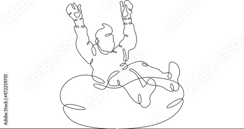 One continuous line.Doctor on urgent call. The child is rolling down a snow slide. Riding on a tubing. Winter fun. Games for children. One continuous drawing line logo isolated minimal illustration.