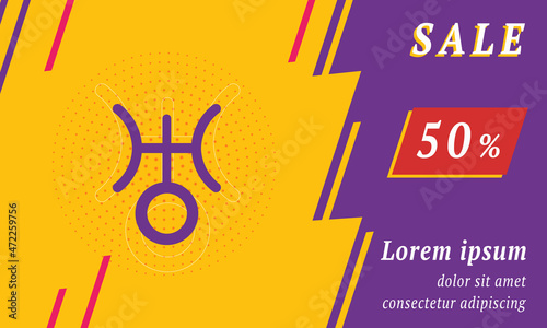 Sale promotion banner with place for your text. On the left is the astrological uranus symbol. Promotional text with discount percentage on the right side. Vector illustration on yellow background