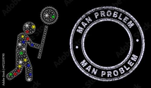 Glossy polygonal mesh net light wizard man icon with glitter effect on a black background, and Man Problem unclean stamp. Illuminated vector mesh created from light wizard man icon,