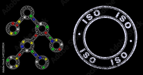 Glossy polygonal mesh net binary structure icon with glow effect on a black background, and ISO scratched seal. Illuminated vector model created from binary structure symbol,