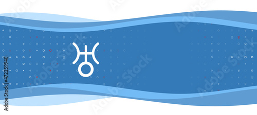 Blue wavy banner with a white astrological uranus symbol on the left. On the background there are small white shapes, some are highlighted in red. There is an empty space for text on the right side