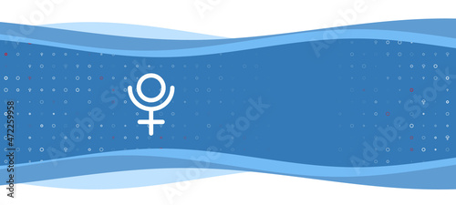 Blue wavy banner with a white astrological pluto symbol on the left. On the background there are small white shapes, some are highlighted in red. There is an empty space for text on the right side