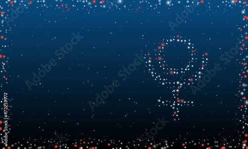 On the right is the astrological pluto symbol filled with white dots. Abstract futuristic frame of dots and circles. Vector illustration on blue background with stars