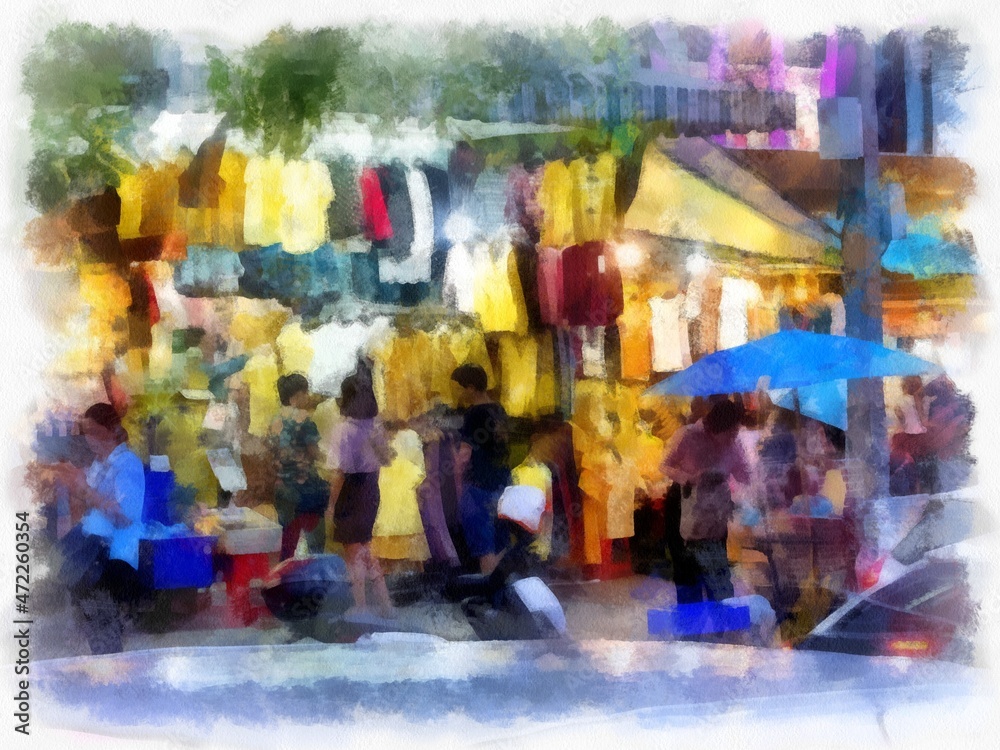 Bangkok landscape in the clothing market watercolor style illustration impressionist painting.