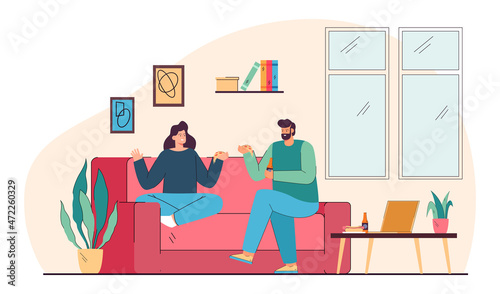Couple people eating junk food, sitting on home couch. Man and woman with pizza, beer and hot dog spending time together flat vector illustration. Unhealthy diet, fastfood, lazy weekend concept