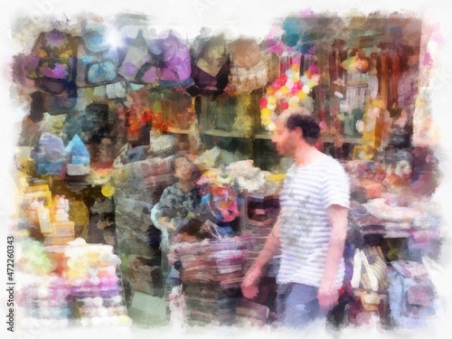 Bangkok landscape in the clothing market watercolor style illustration impressionist painting. photo