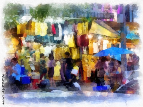 Bangkok landscape in the clothing market watercolor style illustration impressionist painting. © Kittipong