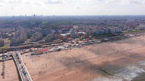 The Hague: Aerial view of famous Scheveningen Beach in city Hague (Haag), luxury hotels and North Sea in summer - landscape panorama of Netherlands from above, Europe photo