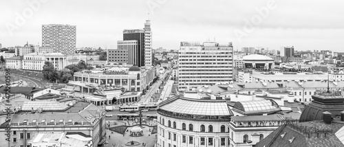 Kazan, Russia - August 14, 2018: A bird's-eye view of the central part of Kazan, black and white photo
