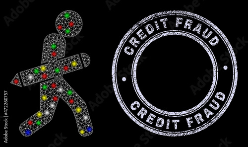 Glossy polygonal mesh net pencil robber icon with glitter effect on a black background with Credit Fraud scratched stamp. Illuminated vector mesh created from pencil robber pictogram,