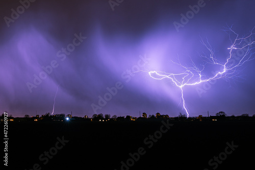 Bright branched bolt of lightning during an autumn thunderstorm