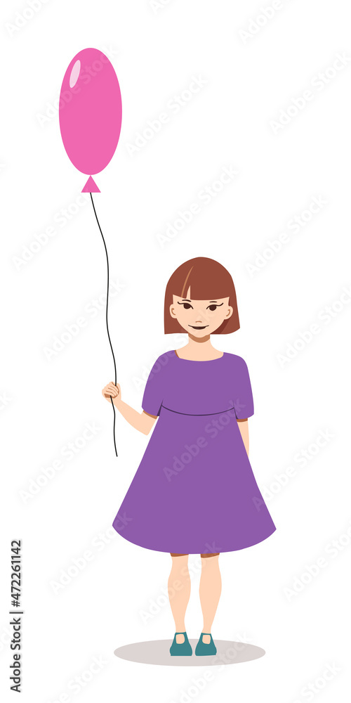 Little pretty girl holds pink helium balloon in birthday in flat vector Little pretty girl holds pink helium balloon in birthday in flat vector