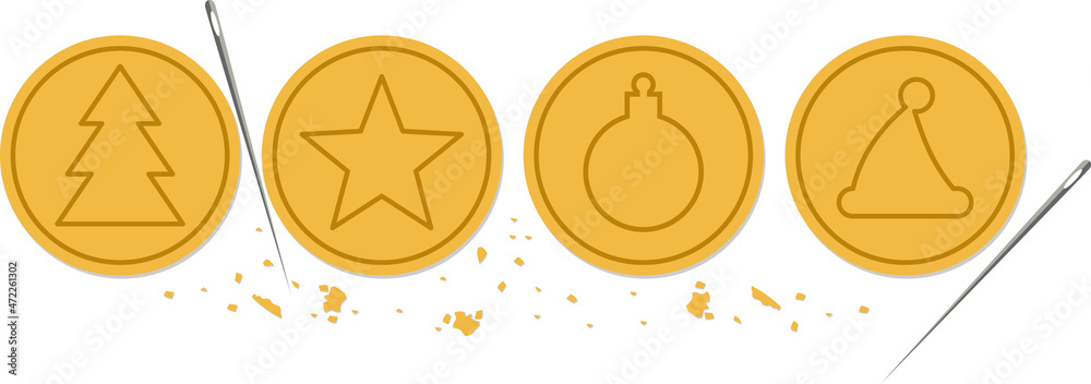 Cookies featuring a Christmas tree, star, ball and Santa hat.Sign, symbol, icon or logo.Cartoon vector illustration on transparent background Cookies featuring a Christmas tree, star, ball and Santa hat.Sign, symbol, icon or logo.Cartoon vector illustration on transparent background