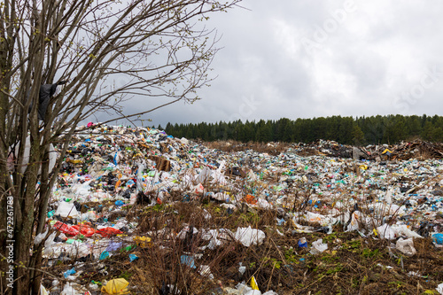 Verkhnie-Sergi, Russia - May 02, 2021. garbage dump problems in the forest. pollution of the forest with debris from the city. plastic bags dumped in the forest area