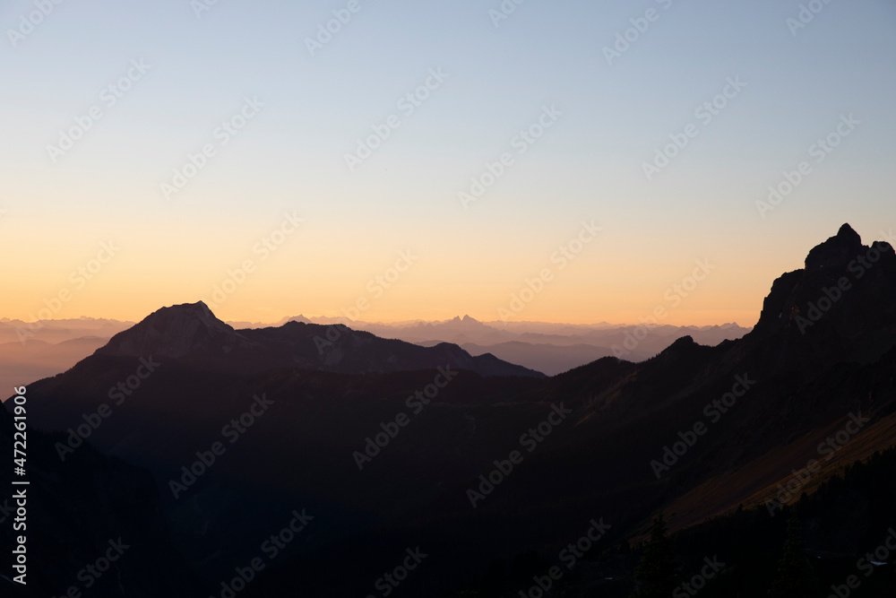 A beautiful sunset over mountains in North Cascades