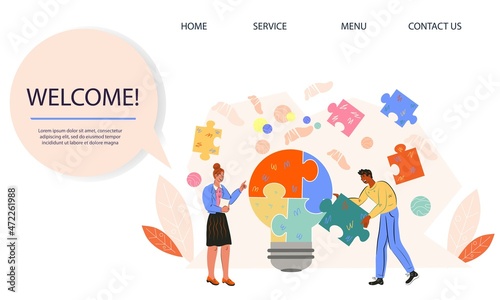 Business solution and teamwork concept of website banner  flat vector illustration. Team building and business cooperation idea for web and presentation page.
