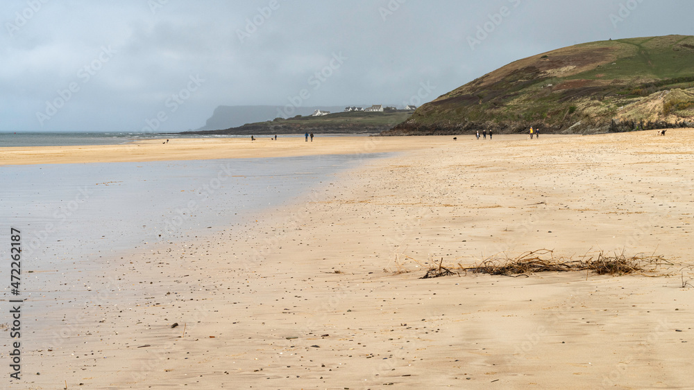 People and dogs strolling on a sandy bay in North Cornwall on a breezy November day lit by a shaft of sunlight. Trebetherick Point in the middle distance.