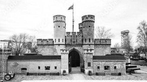 Fort Friedrichsburg brick fortress in Kaliningrad, black and white photo photo