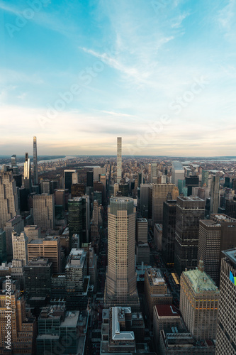 Beautiful panoramic view of New York City at sunrise with skyscrapers
